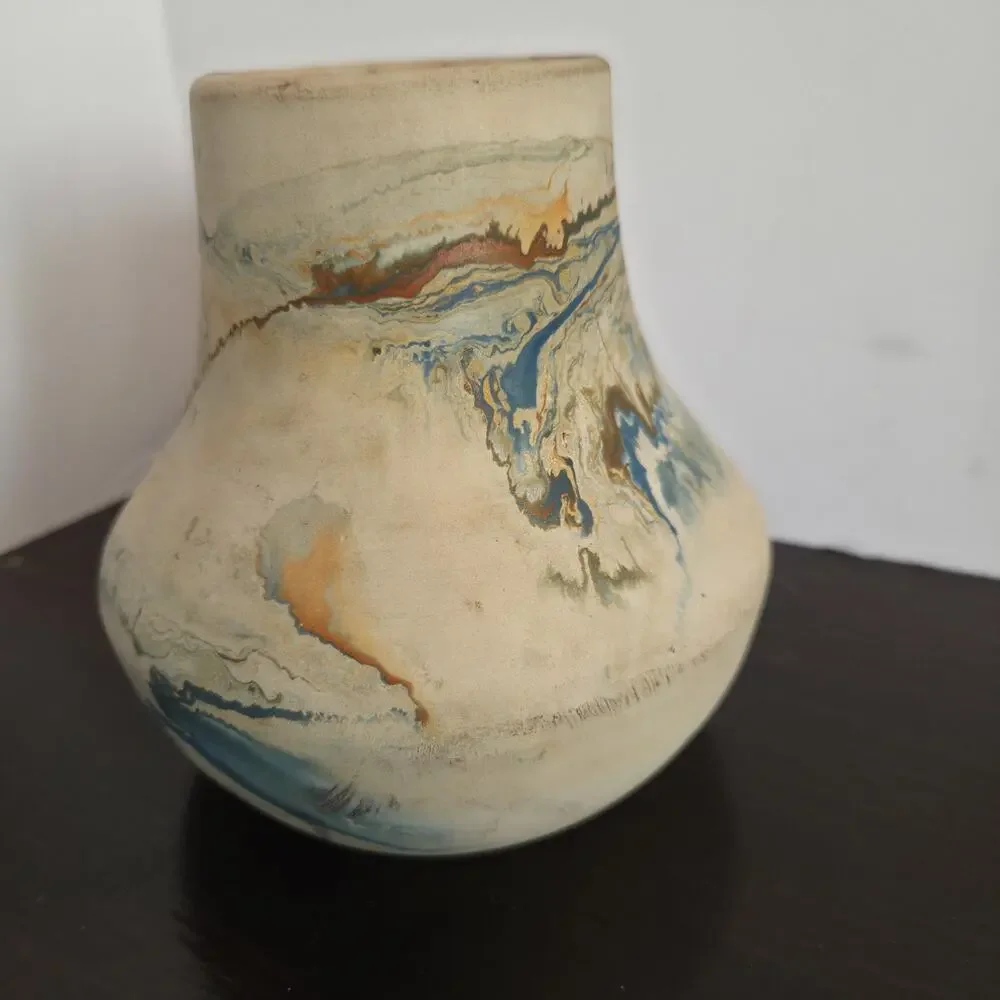 Nemadji Pottery Vase 5 inch Matte Color Swirl Vase Made In USA Blue Brown